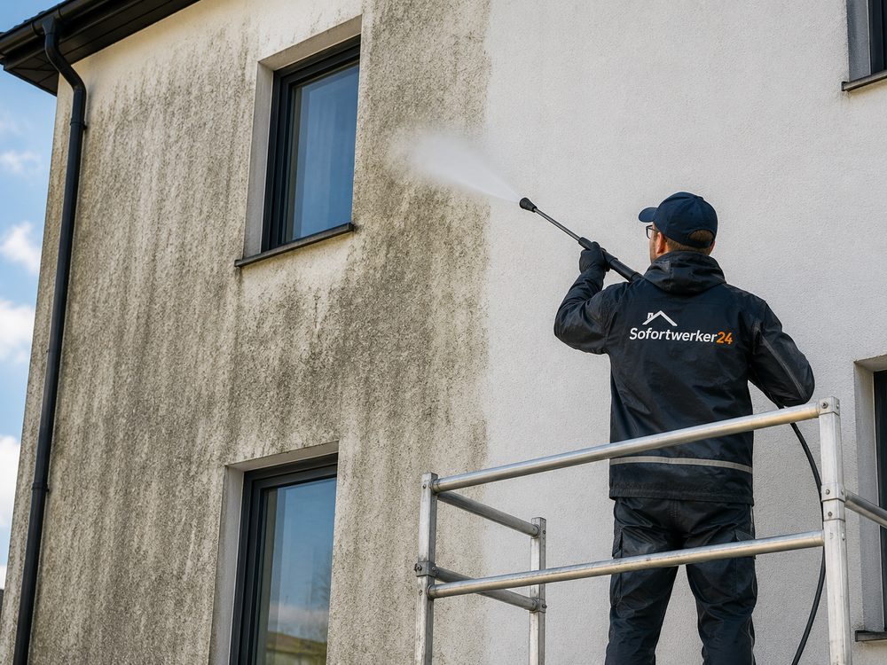 Fachkraft reinigt eine Gebäudefassade mit einem Hochdruckreiniger