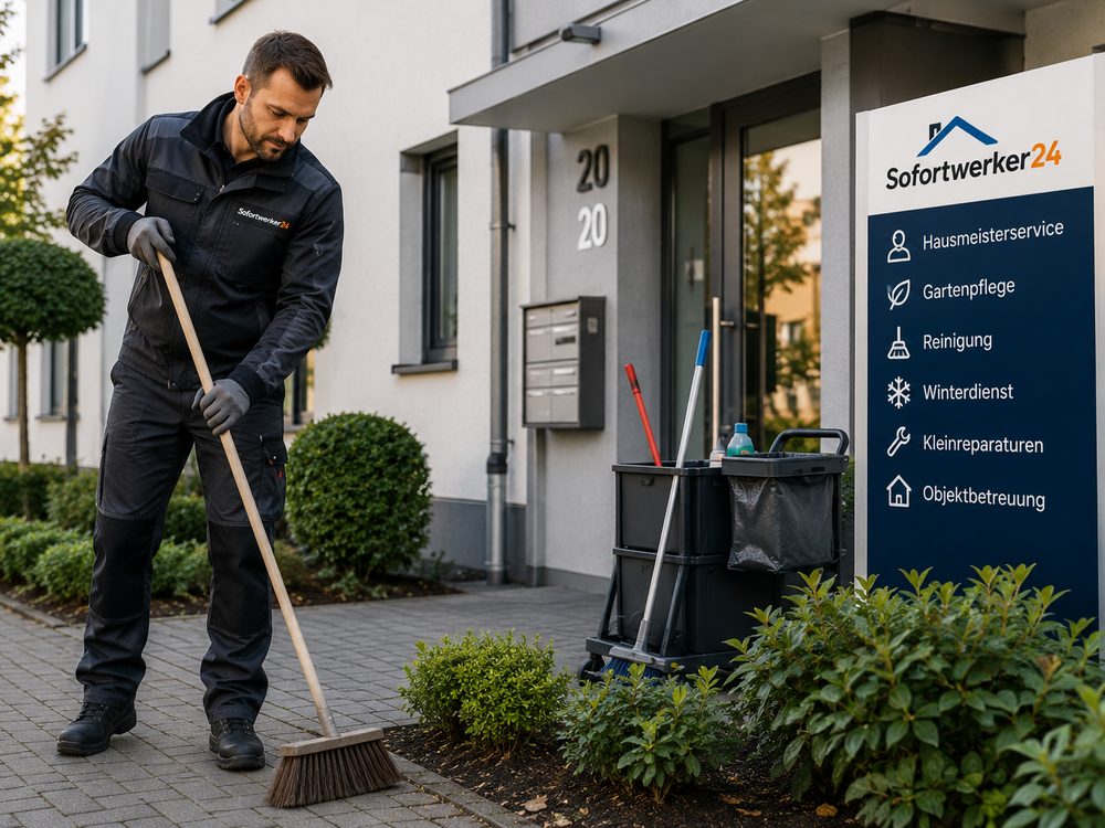 Hausmeister kehrt den Eingangsbereich einer Wohnanlage